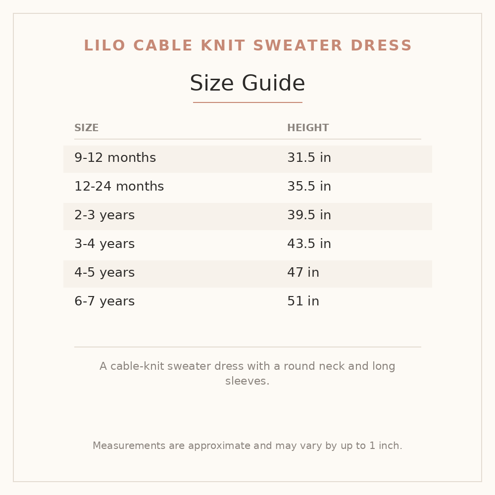 Lilo Cable Knit Sweater Dress size guide - age and height