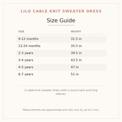 Lilo Cable Knit Sweater Dress size guide - age and height
