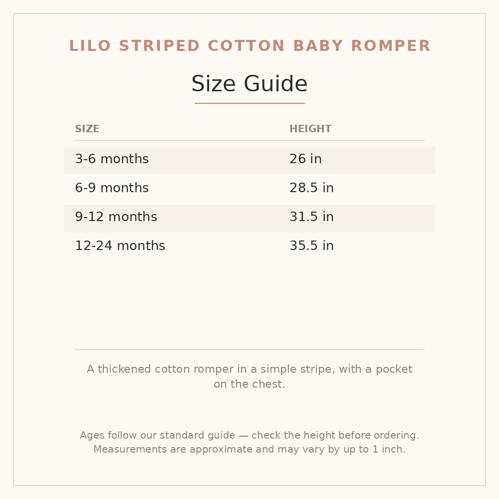 Lilo Striped Cotton Baby Romper size guide - age and height