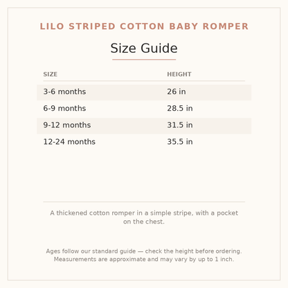 Lilo Striped Cotton Baby Romper size guide - age and height