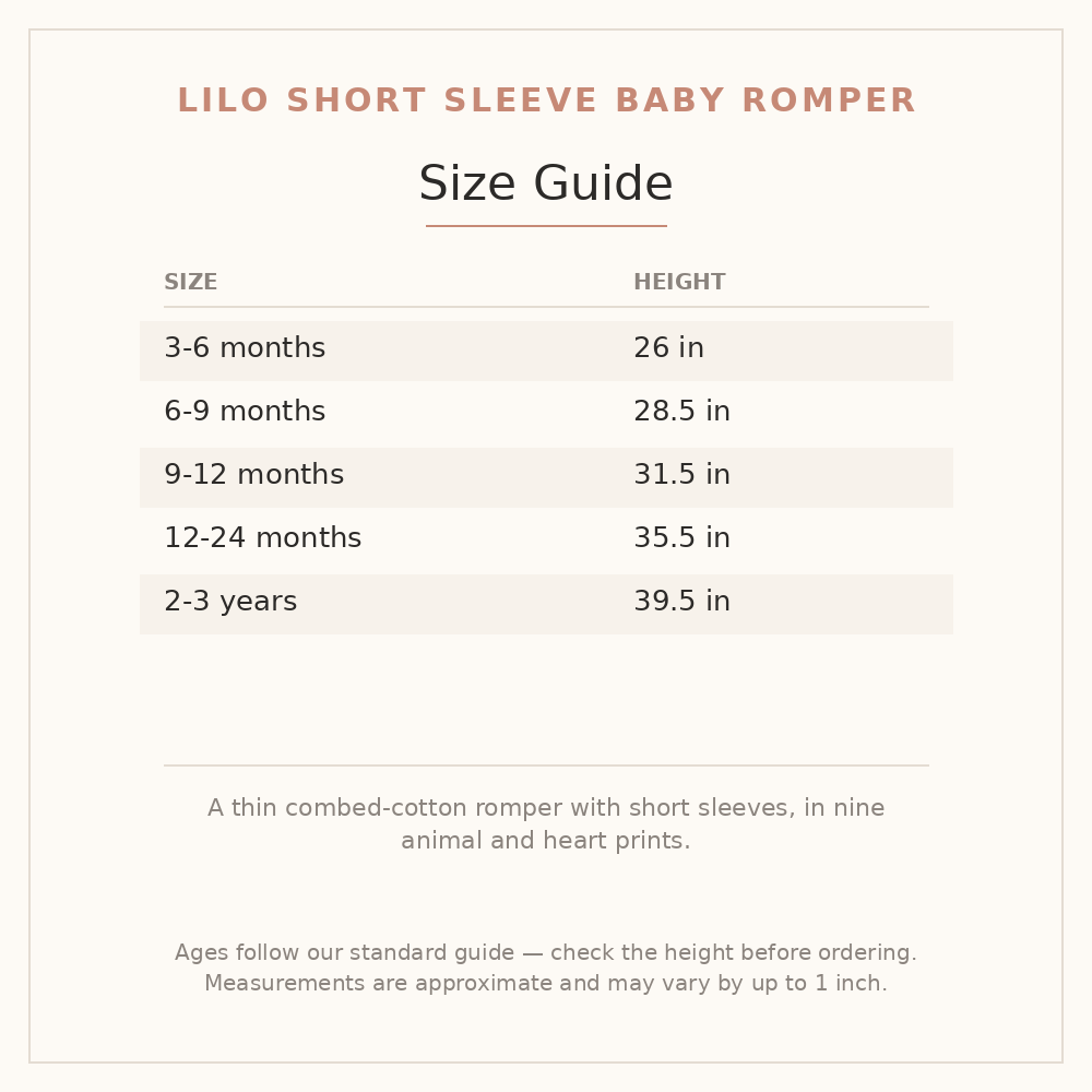 Lilo Short Sleeve Baby Romper size guide - age and height