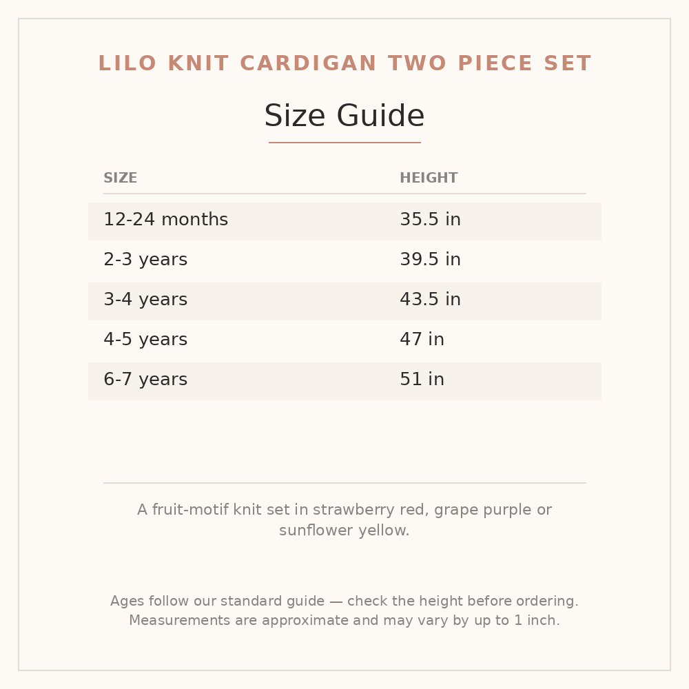 Lilo Knit Cardigan Two Piece Set size guide - age and height