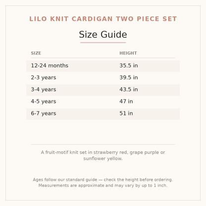 Lilo Knit Cardigan Two Piece Set size guide - age and height