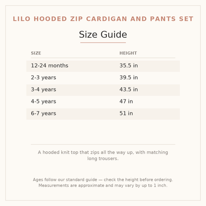 Lilo Hooded Zip Cardigan and Pants Set size guide - age and height