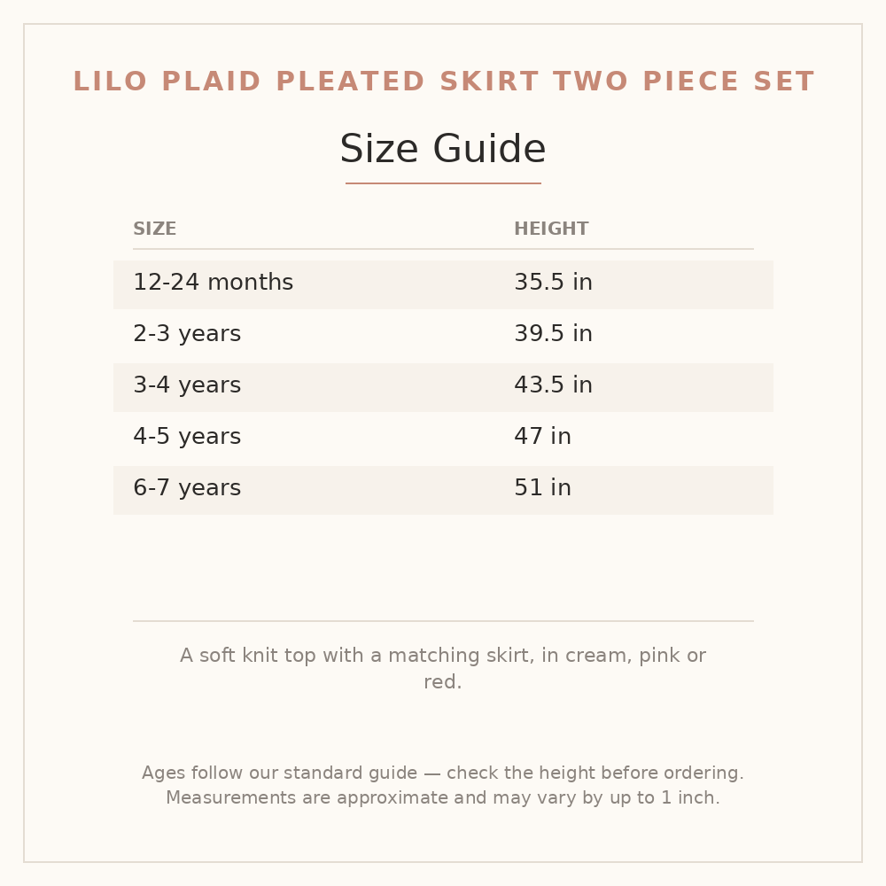 Lilo Plaid Pleated Skirt Two Piece Set size guide - age and height