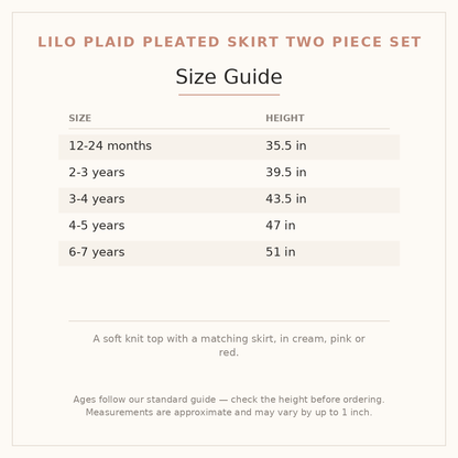 Lilo Plaid Pleated Skirt Two Piece Set size guide - age and height