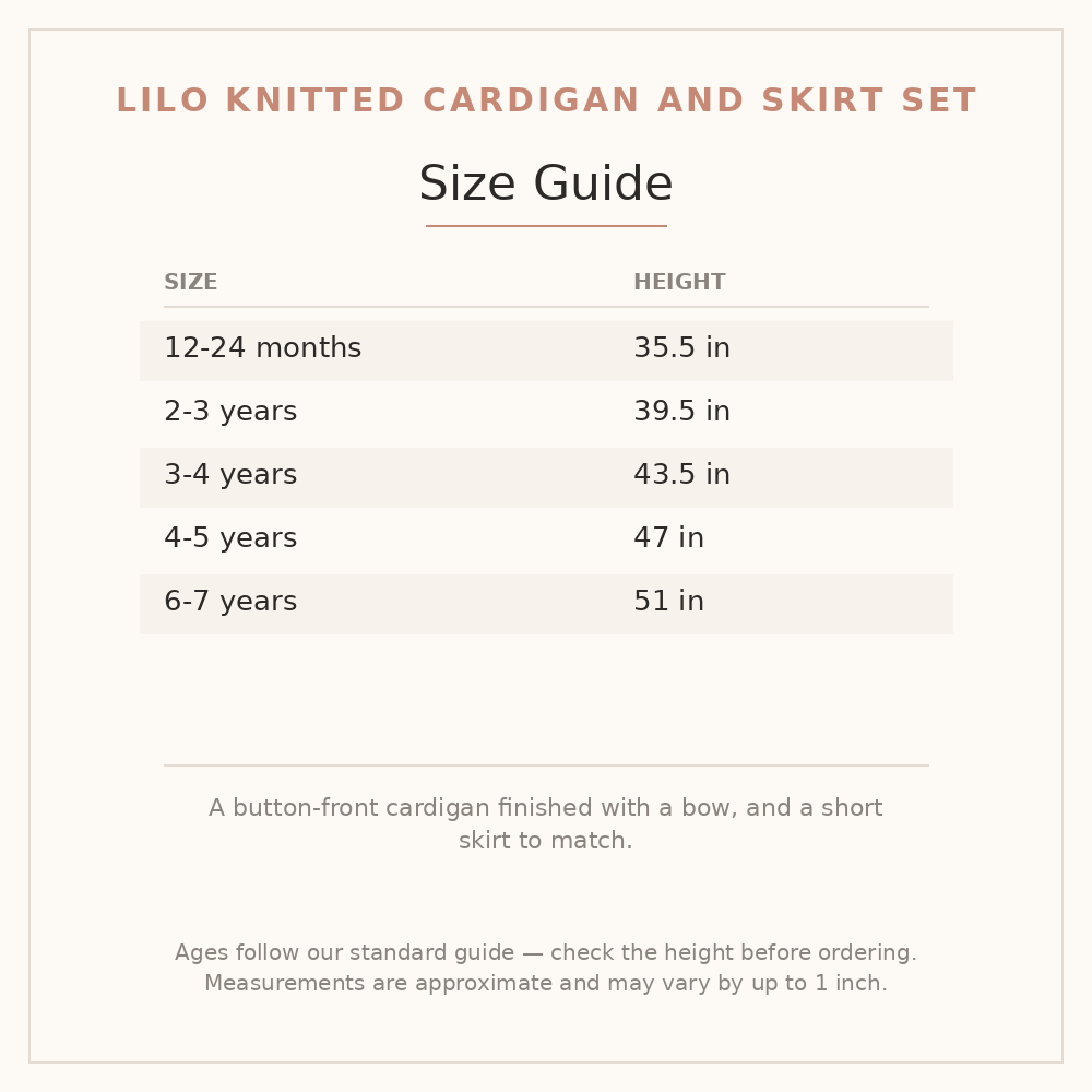 Lilo Knitted Cardigan and Skirt Set size guide - age and height