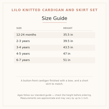 Lilo Knitted Cardigan and Skirt Set size guide - age and height