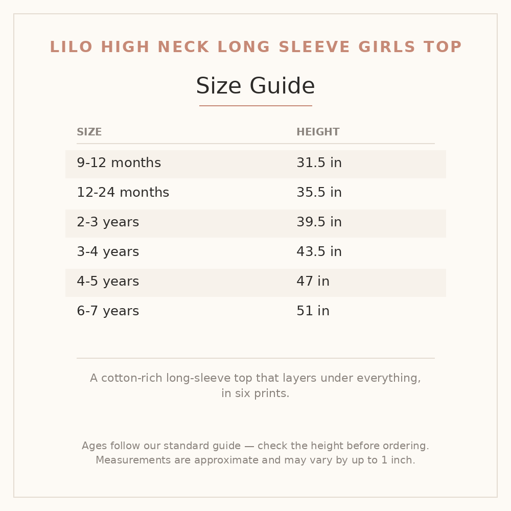 Lilo High Neck Long Sleeve Girls Top size guide - age and height