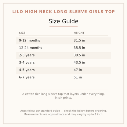 Lilo High Neck Long Sleeve Girls Top size guide - age and height