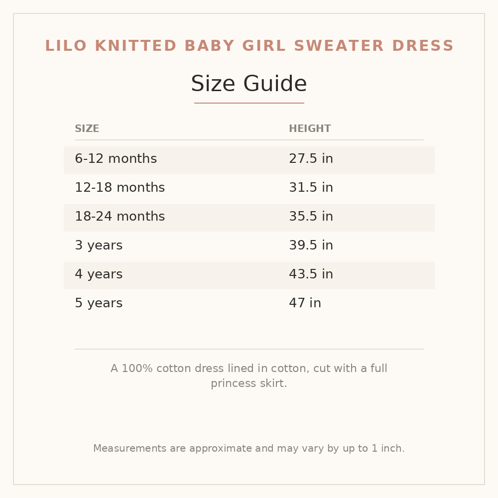 Lilo Knitted Baby Girl Sweater Dress size guide - age and height