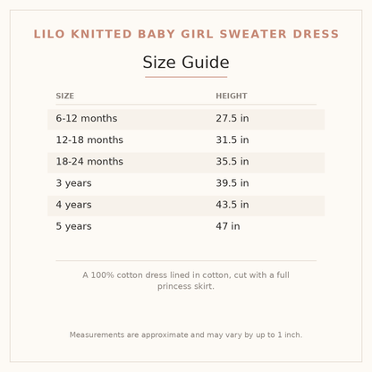Lilo Knitted Baby Girl Sweater Dress size guide - age and height