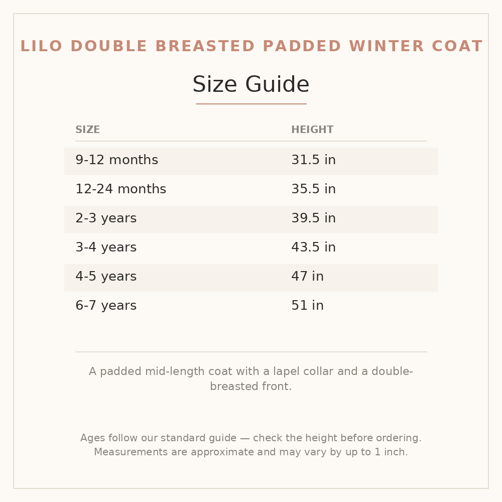 Lilo Double Breasted Padded Winter Coat size guide - age and height