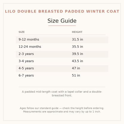 Lilo Double Breasted Padded Winter Coat size guide - age and height