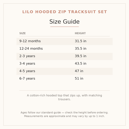 Lilo Hooded Zip Tracksuit Set size guide - age and height