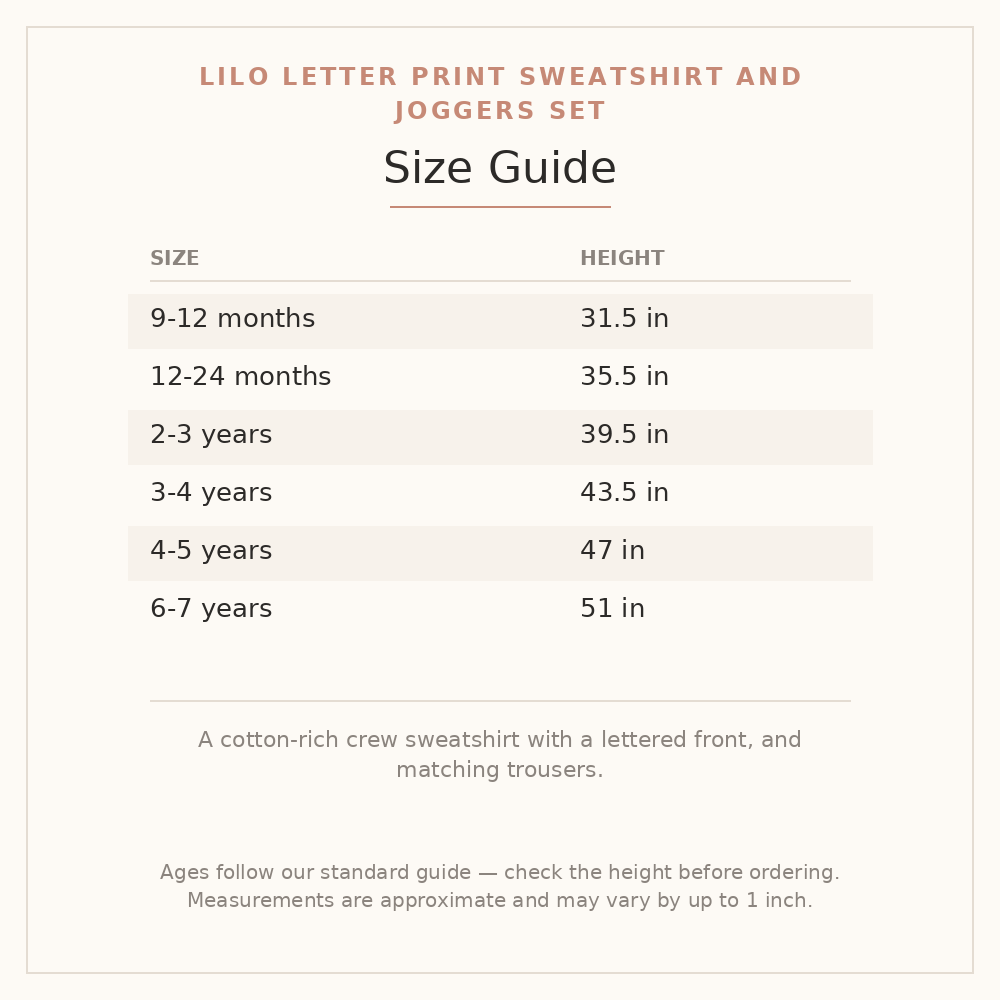 Lilo Letter Print Sweatshirt and Joggers Set size guide - age and height