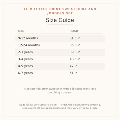 Lilo Letter Print Sweatshirt and Joggers Set size guide - age and height