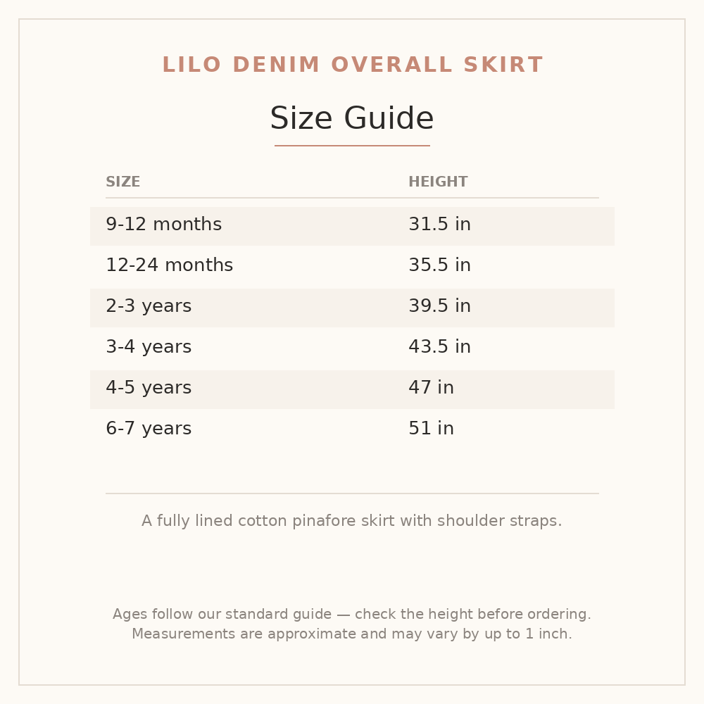 Lilo Denim Overall Skirt size guide - age and height