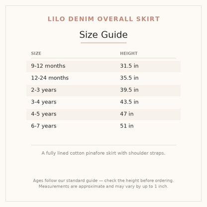 Lilo Denim Overall Skirt size guide - age and height