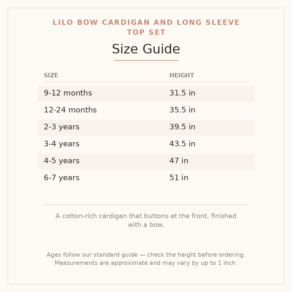 Lilo Bow Cardigan and Long Sleeve Top Set size guide - age and height