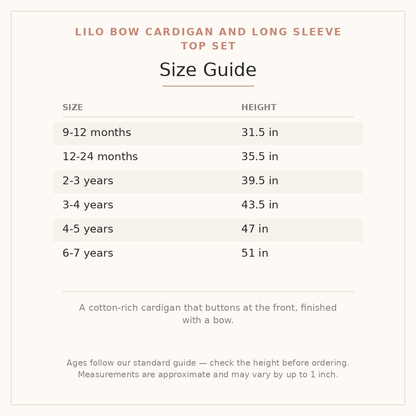 Lilo Bow Cardigan and Long Sleeve Top Set size guide - age and height