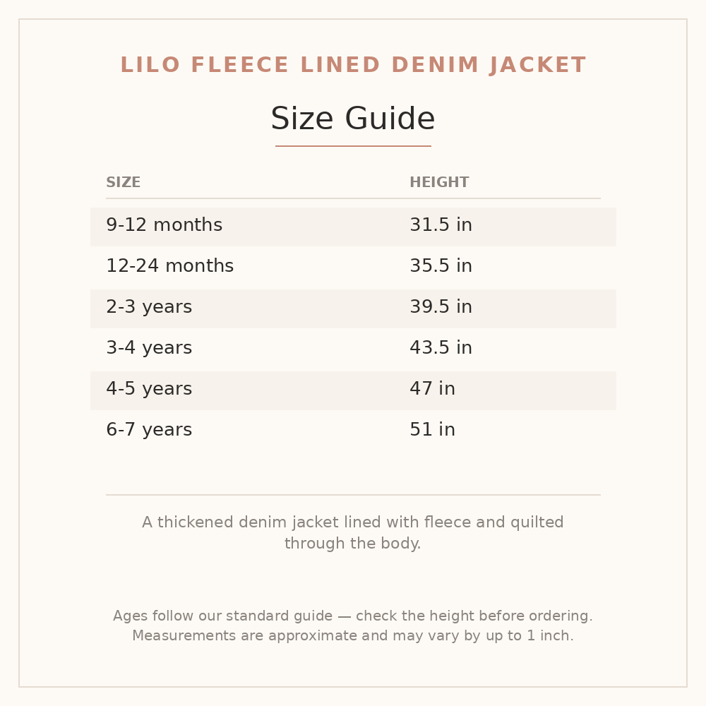 Lilo Fleece Lined Denim Jacket size guide - age and height