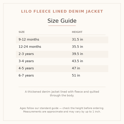 Lilo Fleece Lined Denim Jacket size guide - age and height