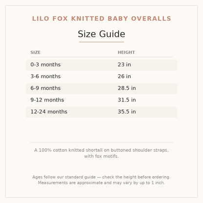 Lilo Fox Knitted Baby Overalls size guide - age and height