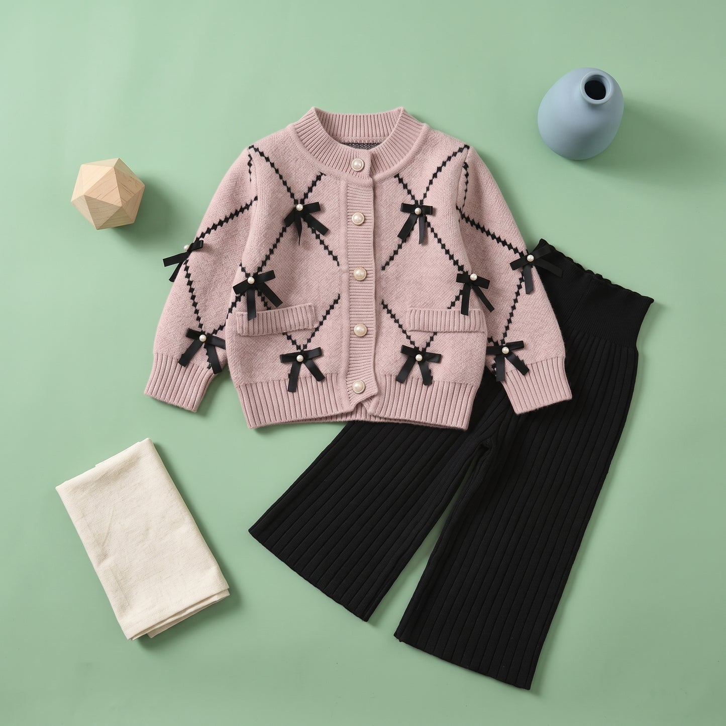 Elsie Knit Cotton Girls Cardigan and Bottom Set