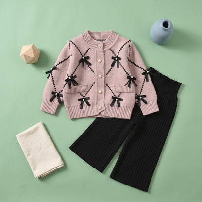 Elsie Knit Cotton Girls Cardigan and Bottom Set