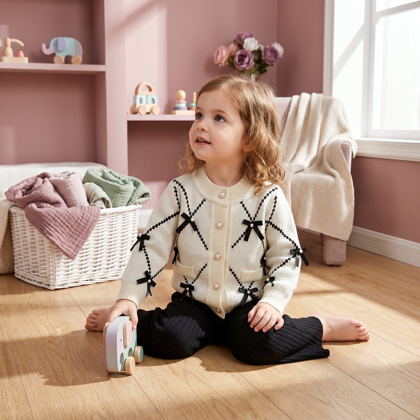 Elsie Knit Cotton Girls Cardigan and Bottom Set