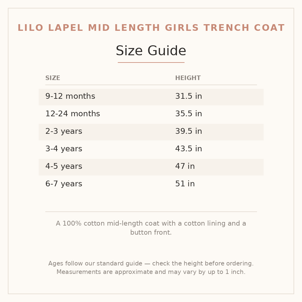 Lilo Lapel Mid Length Girls Trench Coat size guide - age and height