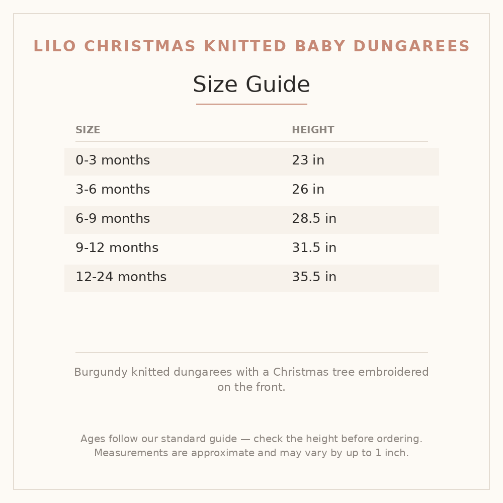 Lilo Christmas Knitted Baby Dungarees size guide - age and height