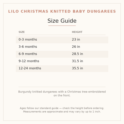 Lilo Christmas Knitted Baby Dungarees size guide - age and height