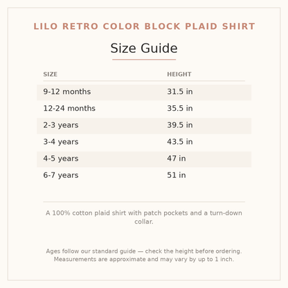 Lilo Retro Color Block Plaid Shirt size guide - age and height