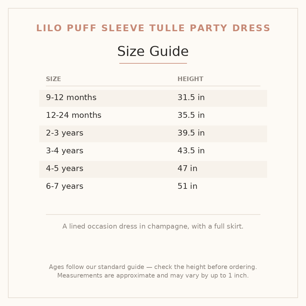Lilo Puff Sleeve Tulle Party Dress size guide - age and height