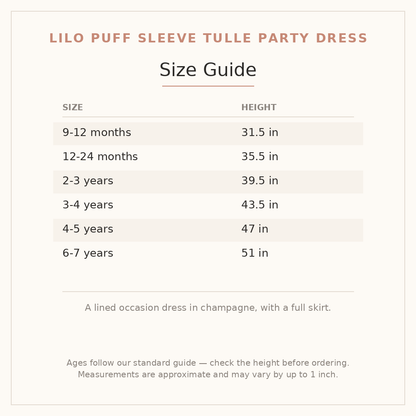 Lilo Puff Sleeve Tulle Party Dress size guide - age and height