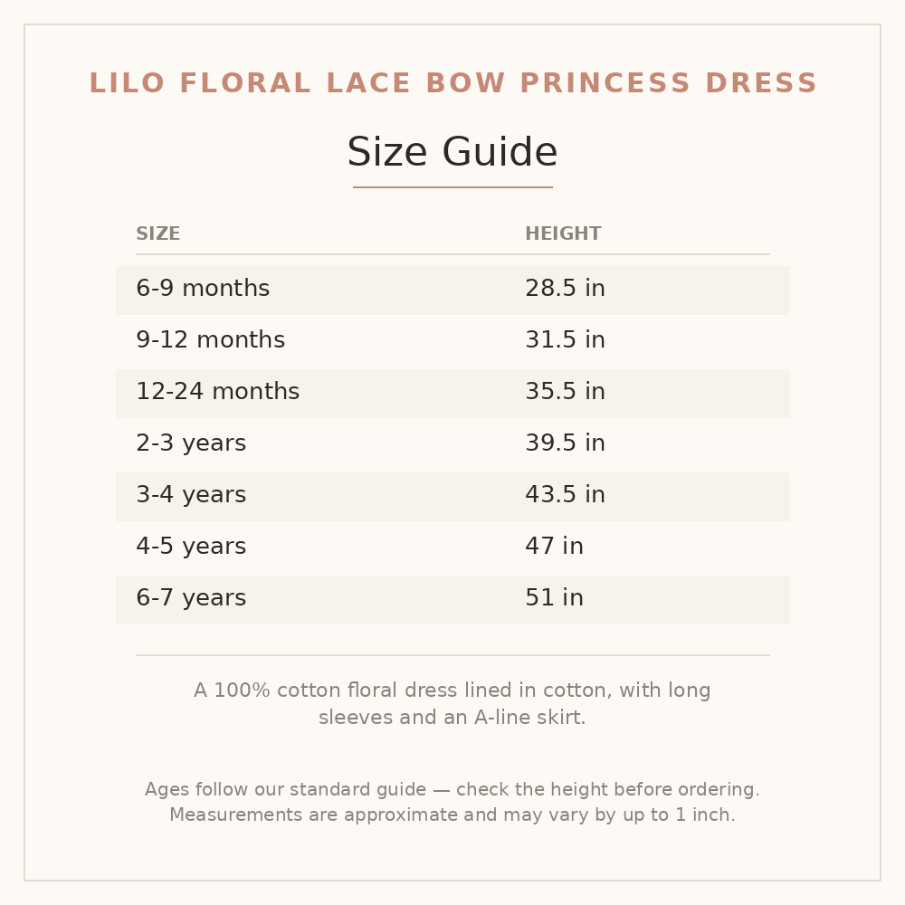 Lilo Floral Lace Bow Princess Dress size guide - age and height