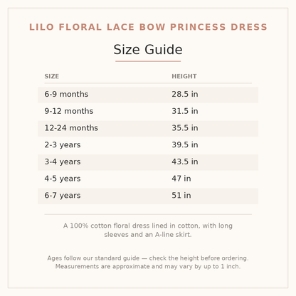 Lilo Floral Lace Bow Princess Dress size guide - age and height