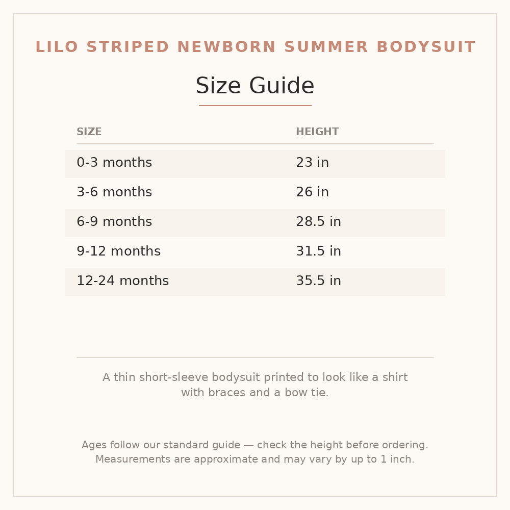 Lilo Striped Newborn Summer Bodysuit size guide - age and height