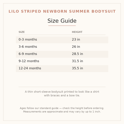 Lilo Striped Newborn Summer Bodysuit size guide - age and height