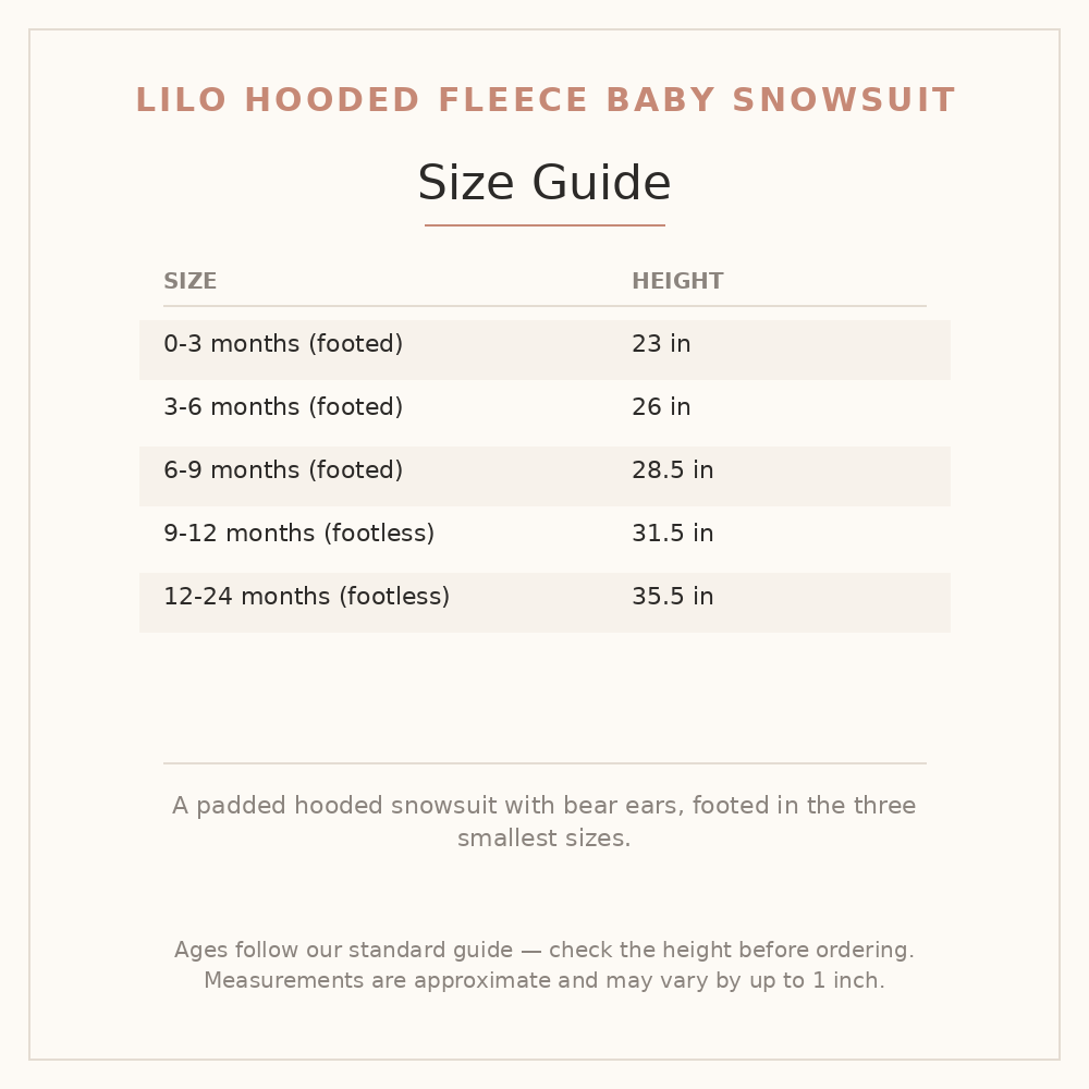 Lilo Hooded Fleece Baby Snowsuit size guide - age and height