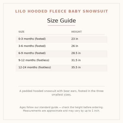 Lilo Hooded Fleece Baby Snowsuit size guide - age and height