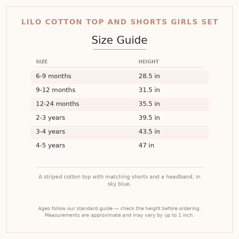 Lilo Cotton Top and Shorts Girls Set size guide - age and height