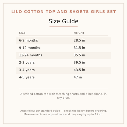 Lilo Cotton Top and Shorts Girls Set size guide - age and height