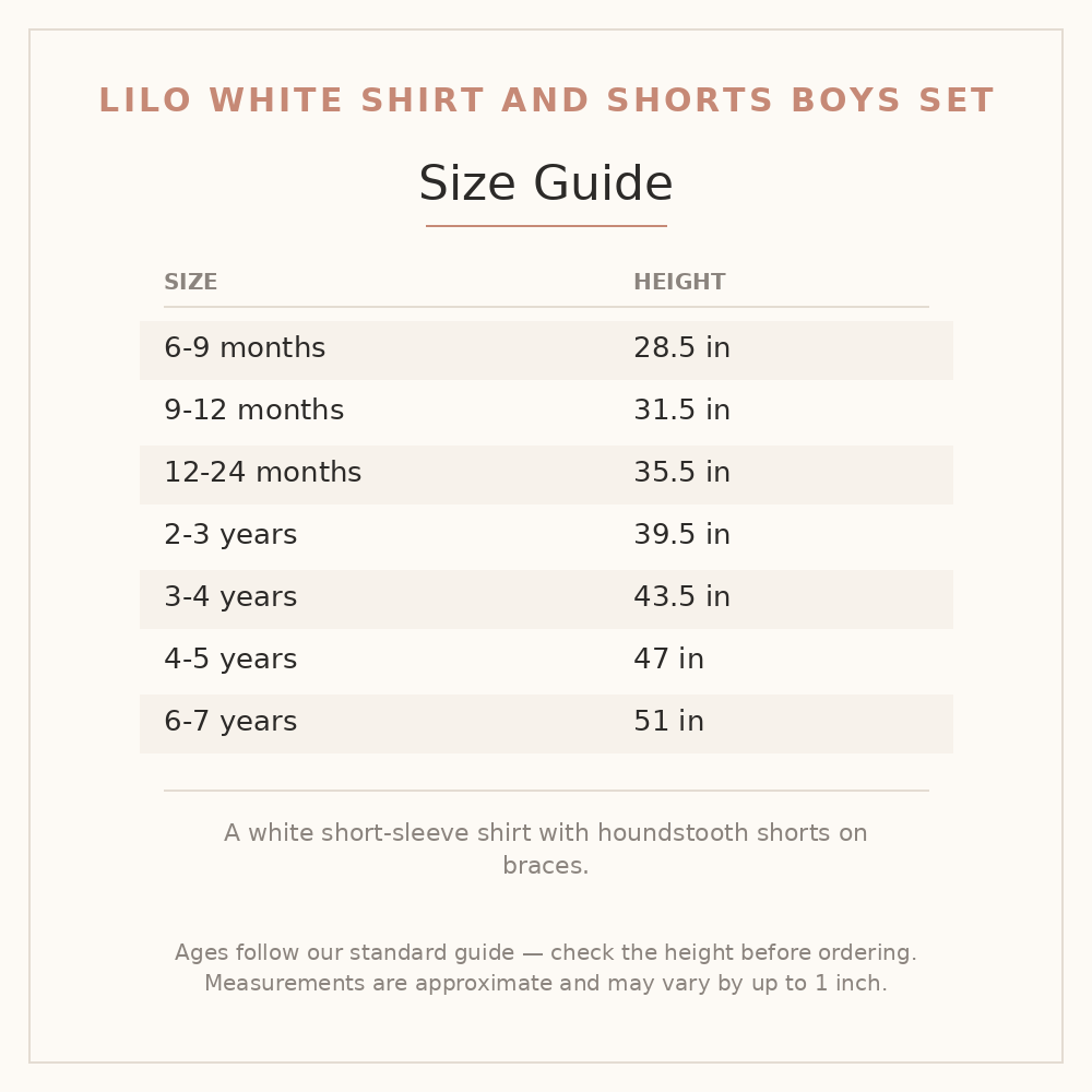 Lilo White Shirt and Shorts Boys Set size guide - age and height