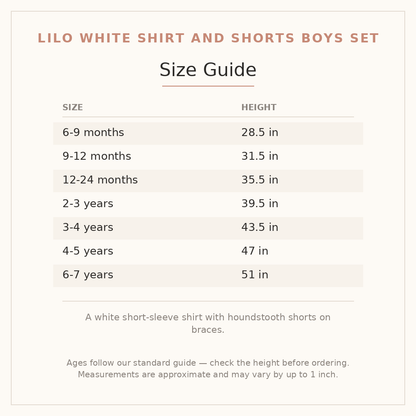 Lilo White Shirt and Shorts Boys Set size guide - age and height