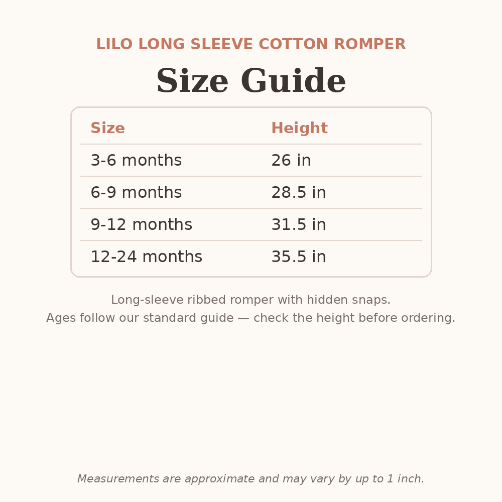 Lilo Long Sleeve Cotton Romper size guide - age and height