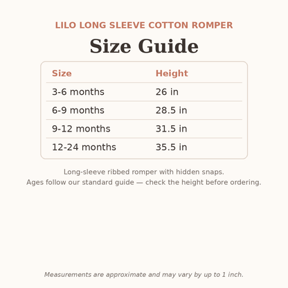 Lilo Long Sleeve Cotton Romper size guide - age and height