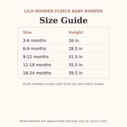 Lilo Hooded Fleece Baby Romper size guide - age and height